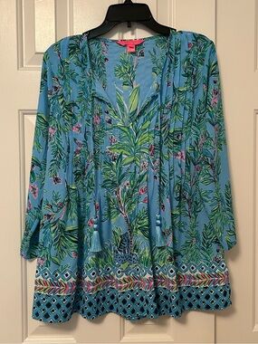 Lilly Pulitzer Marilina Tunic Top Tassels Porto Blue Bamboo Forest Size Medium